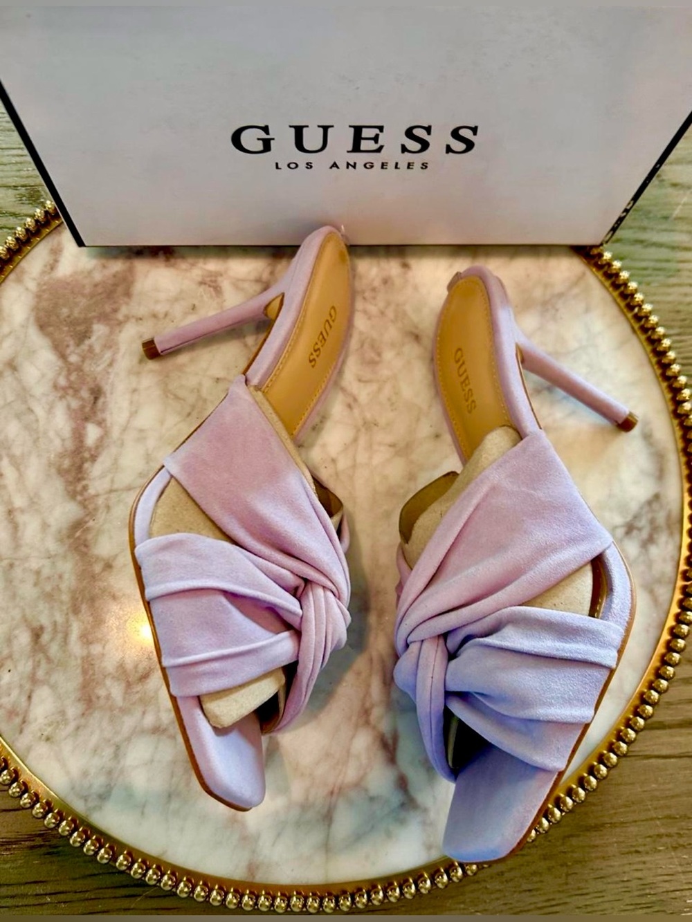 GUESS Daiva Lavender Suede Leather Slide Mules Metallic Logo | Sz. 7 NWB) - Picture 4 of 8